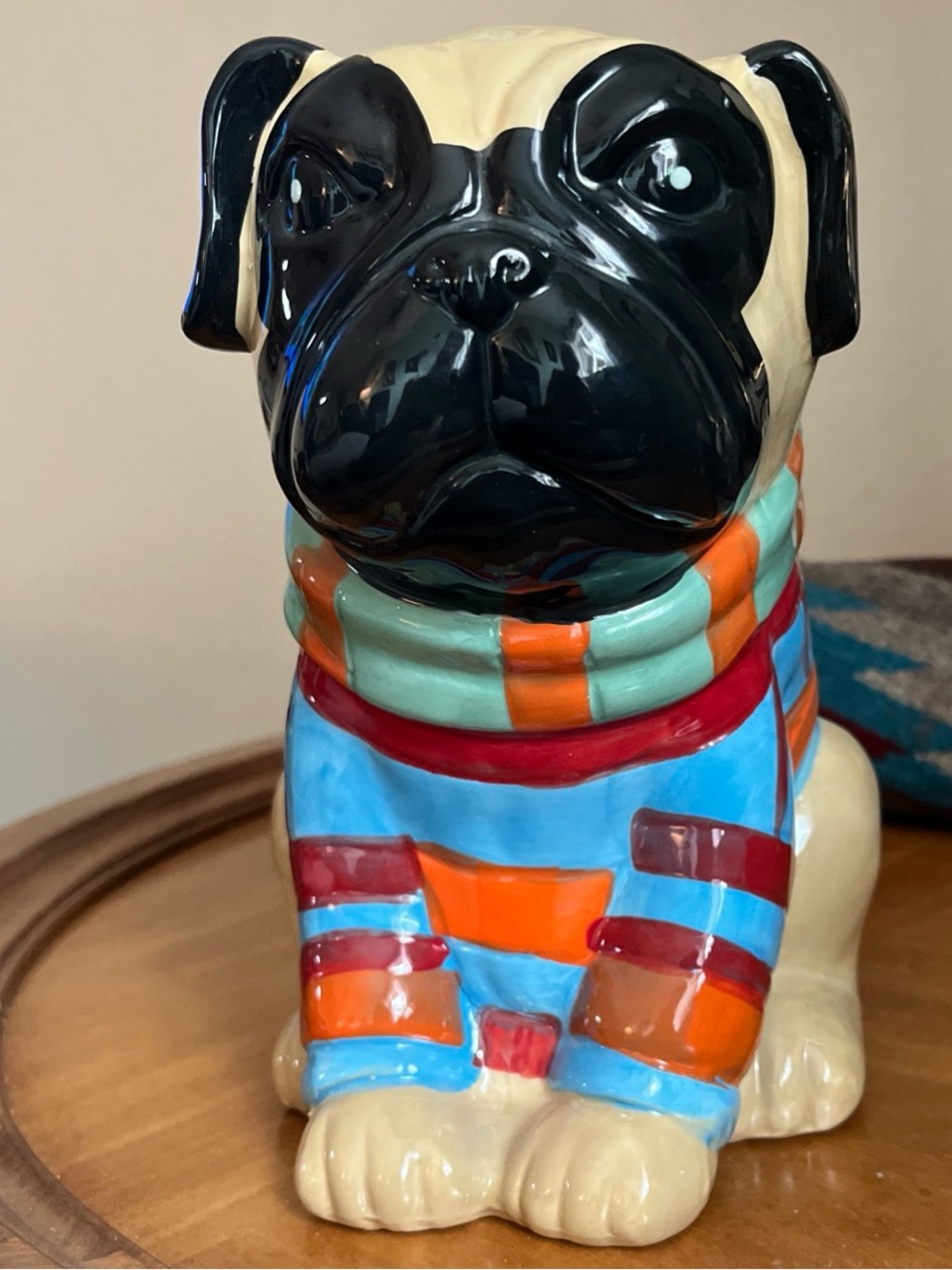 Ceramic Pug Figurine with Colorful Striped Scarf - Bank Decorative Home Accent